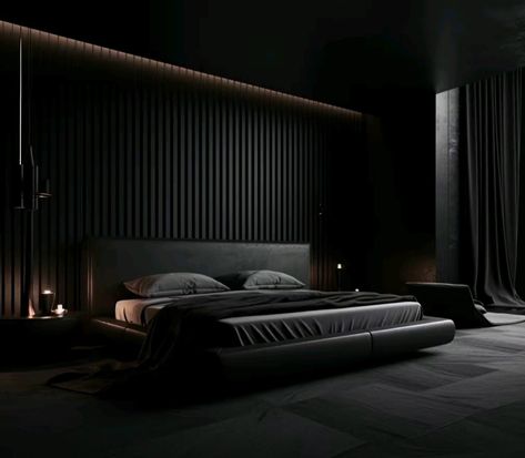 Modernistic Interior, Dark Theme Bedroom, All Black Living Room, Black Home Interior, Dark Houses, Men's Bedroom Design, Dark Bedrooms, Modern Rustic Cabin, Black Architecture