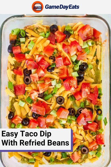 Layered Refried Bean Dip, Taco Dip With Refried Beans, Recipe With Refried Beans, Dip With Corn, Bean Dip Recipes Refried, Taco Bean Dip, Easy Taco Dip, Mexican Bean Dip, Rotisserie Chicken Enchiladas