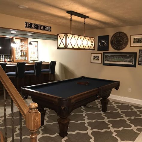 Nittany Lion Basement | ProSource Wholesale This basement transformed from a hang out to play video games, to an adult space with custom built in bar and pool table. Basement Remodel Bar, Ideas For Basement, Bar Pool Table, Small Basement Remodel, Basement Remodel Diy, Basement Stairs, Pool Tables, Small Basements, Waterproofing Basement