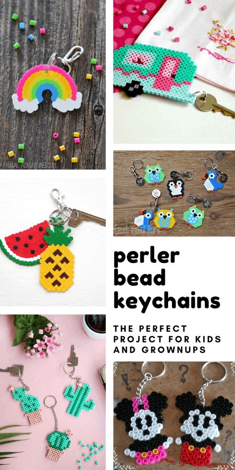 These perler bead keychains are great fun for kids to make and then can be hung from keys or zipper pulls. Fun back to school craft or teacher gift idea! Perler Designs, Craft Recipes, Disney Keychain, Easy Perler Bead Patterns, Bead Creations, Beads Patterns, Teen Art, Back To School Crafts, Hama Bead