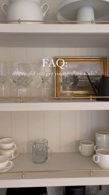 Shelf Bar Design, Floating Shelves For Glassware, Marble Shelf With Brass Rail, Gallery Rail Kitchen Shelf, Brass Gallery Rail Shelf Kitchen, Brass Rails In Kitchen, Floating Shelves With Gallery Rail, Brass Shelves Kitchen, Brass Gallery Rail Kitchen