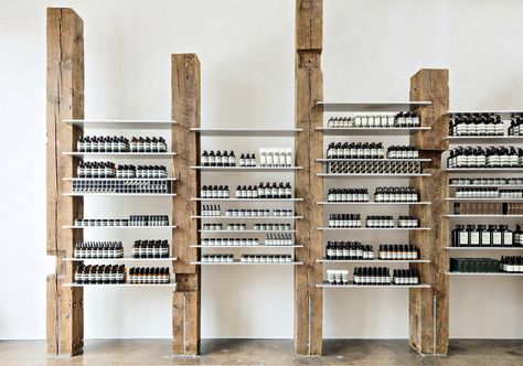 Old Furniture Repurposed, Interior Beams, Aesop Store, Aluminum Shelves, Store Interiors, Wine Display, Wine Store, Retail Interior, Polished Concrete