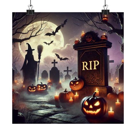 Spooky Halloween Graveyard Art Print - RIP Tombstone, Witch & Jack-o'-Lanterns | Premium Matte Poster | 10x10, 12x12, 16x16 Inches Graveyard Art, Rip Tombstone, Spooky Graveyard, Halloween Graveyard, Hauntingly Beautiful, Halloween Poster, Halloween Bats, Autumn Art, Fete Halloween