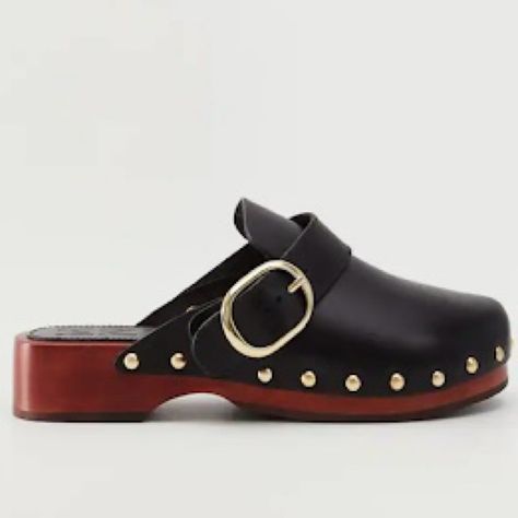 Studded Leather Clog 100% Bovine Leather. Rounded Toe. Wood-Style Sole. Stud Detail. Adjustable Buckle. Fits Small To Size. Mango Heels, Mango Shoes, Studded Clogs, Clogs Heels, Black Clogs, Leather Clog, Wooden Clogs, Mule Sandals, Wooden Heel