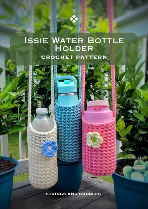 Issie Water Bottle Holder (+ Bonus Pattern!) – Clover Needlecraft Water Bottle Holder Crochet, Hexagon Diy, Crochet Water Bottle, Crochet Water Bottle Holder, Foundation Single Crochet, Water Bottle Carrier, Water Bottle Holder, Crochet Kitchen, Water Bottle Holders