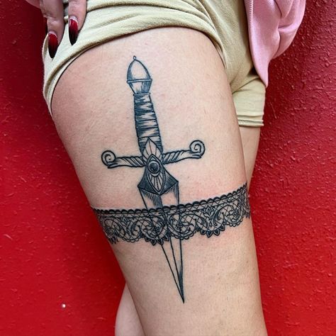 Dagger Tattoo Holster Tattoo Thigh, Thigh Knife Tattoo, Dagger Thigh Tattoos Women, Garder Tattoo Thigh Lace, Dagger Leg Tattoo, Garter Tattoos For Women, Dagger Thigh Tattoo, Thigh Dagger Tattoo, Dager Tattoos For Women