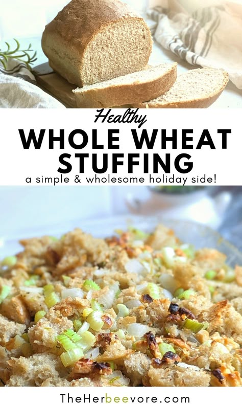 This whole wheat stuffing recipe is a better version of a holiday classic - made with cubed whole wheat bread, onions, celery, and spices! It's unbelievably easy to make from scratch, and tastes way better than store bought. Best Dressing Recipe, Stuffing Recipes Healthy, Sage Dressing, Turkey Stuffing Recipes, Bread Dressing, Apple Salad Recipes, Thanksgiving 2023, Make From Scratch, Chili Recipe Turkey