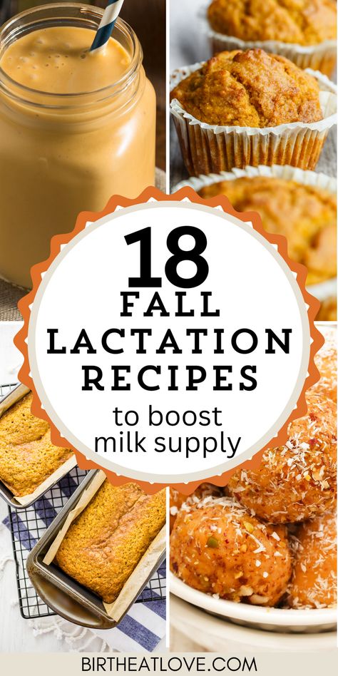 BEST Fall Lactation Recipes for Milk Supply! Dairy free, low sugar and gluten free healthy pumpkin recipes for breastfeeding moms. Pumpkin is a great breastfeeding food to boost milk supply. This list Includes lactation recipes that boost milk supply and support healthy breast milk production. Pumpkin smoothies, snacks, oatmeal and dinner ideas for Fall just for breastfeeding moms! #lactationrecipes #milksupply Increase Milk Supply Foods, Foods For Milk Supply, Milk Boosting Foods Breastfeeding, Food To Eat To Help Milk Production, Milk Supply Increase Food, Brewers Yeast Recipes Milk Supply, Breastfeeding Pumpkin, Breastfeeding Breakfast, Dinner Ideas For Fall