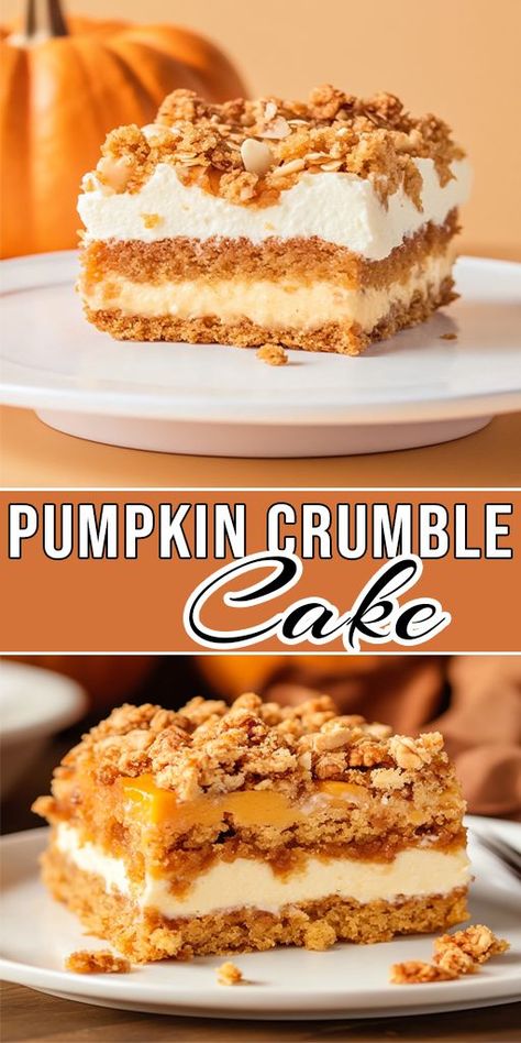 This Pumpkin Crumble Cake is a fall favorite! 🍰🍁 With layers of spiced pumpkin goodness and a crunchy crumble topping, it’s perfect for holiday gatherings or as a sweet treat with your morning coffee. ☕🎃 #PumpkinLovers #CrumbleDessert #HolidayBaking Pumpkin Crumble Cake, Cake For Thanksgiving, Pumpkin Crumble, Autumn Dessert, Pumpkin Coffee Cakes, Simple Baking, Cinnamon Streusel, Cake Base, Crumble Cake