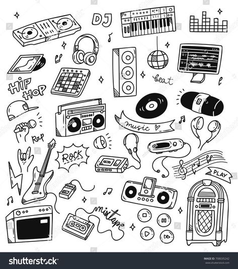 Doodle Drawings Music, Doodle Music Art, Sketch Book Music, Sketches Of Music, Cute Music Drawings, Cute Music Doodles, Music Flash Tattoo, Music Inspired Drawings, Drawings Of Music