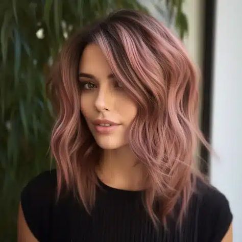 Blush Hair Color Brunettes, Deep Rose Hair Color, Pastel Pink On Brown Hair, Dark Brown And Rose Gold Hair, Silver Rose Gold Hair, Rose Gold Highlights Brunette Dark Brown Balayage Hair, Pink On Grey Hair, Dark Hair With Rose Gold Highlights, Rosewood Hair Color