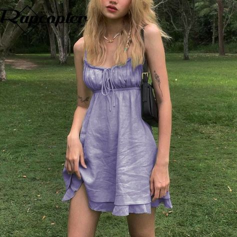 Purple Dress Aesthetic, Sundress Y2k, Babydoll Dress Outfit, Lilac Mini Dress, Purple Summer Dress, Dresses Aesthetic, Dress Korean, Vintage Summer Dresses, Purple Mini Dresses