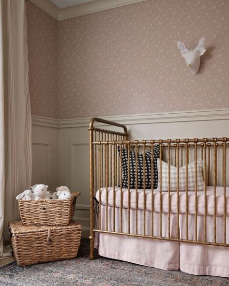 Nursery Ideas With Gold Crib, Baby Room With Wallpaper, Chair Rail And Wallpaper Nursery, Wallpaper Baby Nursery, Trim Accent Wall Nursery, Gold Crib Nursery Ideas, Wallpaper Nursery Ideas, Vintage Girl Room Ideas, Baby Girl Nursery With Wallpaper