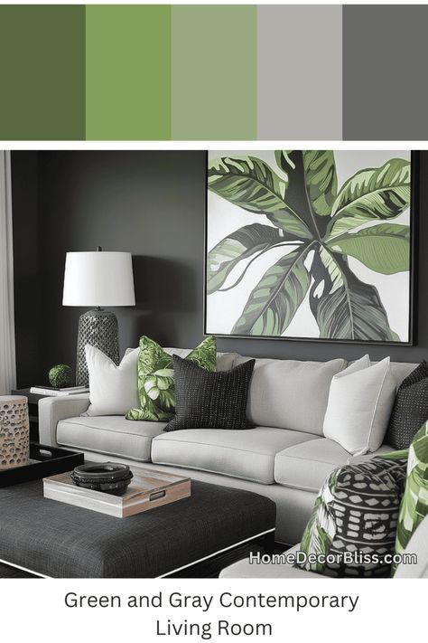 Contemporary Living Room: Green Botanical Prints and Gray Color Scheme Green And Grey Sofa Living Room, Gray And Green Living Room Decor, Grey Green And White Living Room, Green And Gray Color Palette Living Room, Olive Green And Gray Living Room, Grey And Green Room, Gray Green Living Room, Black White Green Living Room, Grey Green Living Room