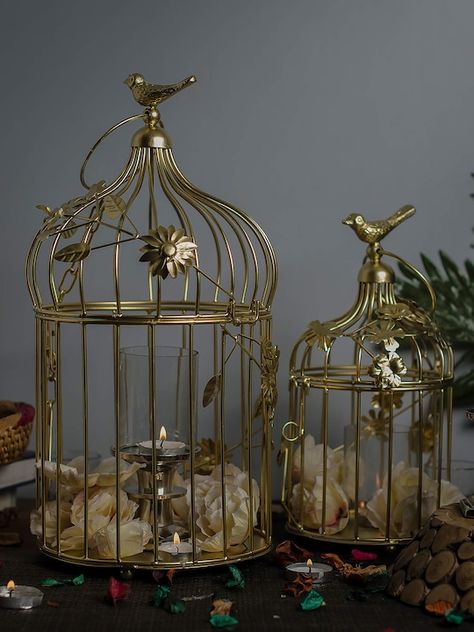 Aesthetic Bird Cage, Gold Bird Cage, Aesthetic Bird, Bird Cage Accessories, Antique Lanterns, Bird Cage Decor, Home Decor Hooks, Home Decor Crate, Antique Interior