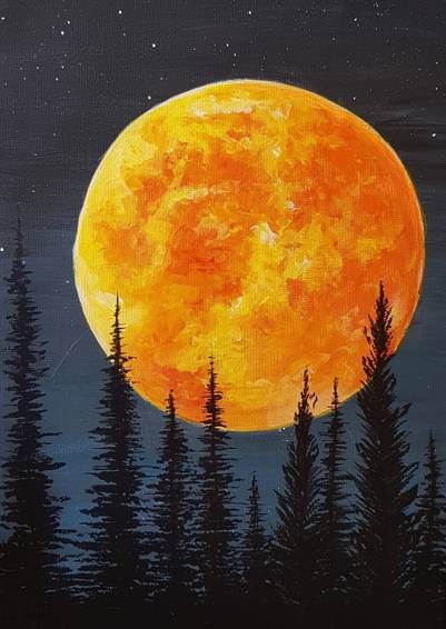 Paint Nite painting "Blood Moon Rising" by artist Chloe Jensen from Sylvan Lake, AB, Canada. #paintnite #yaymaker #bloodmoon #fullmoon Paint Nite, Moon Rising, Moon Painting, Encaustic Art, Simple Acrylic Paintings, Blood Moon, Autumn Painting, Beginner Painting, Mini Canvas Art