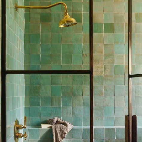 Moroccan-style Bathroom Tile Ideas - Atlas Ceramics Green Tiles, Bad Inspiration, Zellige Tile, Green Tile, Bathroom Inspo, Green Bathroom, Bathroom Renos, Bathroom Style, Interior Design Firms