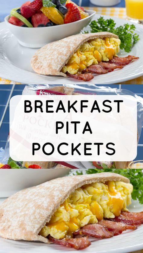 A tasty way to eat your cheesy scrambled eggs and bacon - stuffed into a pita pocket! Breakfast Pita Recipes, Pita Bread Fillings, Pocket Recipes, Pita Pocket Recipes, Breakfast Pita, Cheesy Scrambled Eggs, Pita Recipes, Pan Pita, Eggs And Bacon