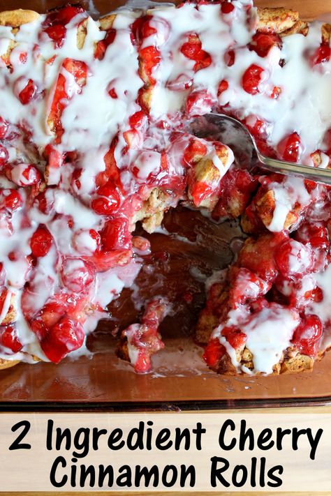 Make this cherry cinnamon rolls recipe for your family! Just two ingredients! Cherry Cinnamon Rolls, Pillsbury Cinnamon Roll Recipes, Pie Filling Desserts, Dessert Cinnamon, Cinnamon Roll Desserts, Cherry Pie Filling Recipes, Pillsbury Cinnamon Rolls, Bakery Goods, Cinnamon Roll Casserole