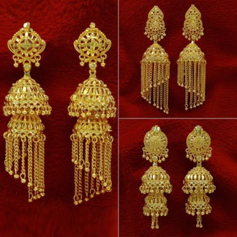 Gold Jhumka, Jhumka Designs, Gold Earrings Indian, Gold Jhumka Earrings, Bridal Necklace Designs, Gold Bridal Jewellery Sets, Jewelry Styles, Gold Bridal Earrings, Indian Jewellery Design Earrings