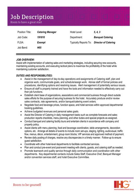 Sample Catering Sales Manager Job Description - How to create a Catering Sales Manager Job Description? Download this Sample Catering Sales Manager Job Description template now! Interior Designer Job, Job Application Example, Designer Job, Recruitment Marketing, Sales Person, Emergency Binder, Job Description Template, Organization Chart, Events Ideas