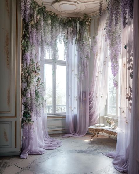 Indoor Wisteria Decor, Fairycore Curtains, Wisteria Room Aesthetic, Wisteria From Ceiling, Fabric Stage Design, Purple Fairy Room, Fairy Apartment Aesthetic, Wisteria Tree Room Decor, Wisteria Flower Room Decor