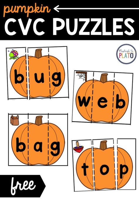 These pumpkin CVC puzzles make the perfect fall literacy center for kindergarten and first grade students. Students will love putting pumpkin puzzle pieces together to build words that match each picture! Teachers will love the easy set up and engaging game for their students! #CVCwords #literacycenters #fallcenters Fall Phonics Activities First Grade, Pumpkin Cvc Free, Fall Cvc Activities, Pumpkin Cvc Activities, Halloween Cvc Words, Pumpkin Ela Activities, Fall Addition Activities, First Grade Pumpkin Art, Fall Theme Kindergarten Activities