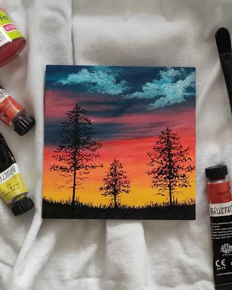 4x4 Acrylic Paintings, 4x4 Canvas Ideas Easy, Easy Nature Paintings On Canvas, 4x4 Canvas Paintings, 4x4 Canvas Ideas, 4x4 Canvas Painting Ideas, Diy Canvas Art Easy, Sky Art Painting, Acrylic Art Projects