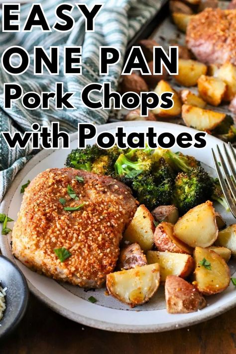 One Pan Pork Chops are a quick and easy weeknight meal that’s effortless to prepare and clean up! Juicy pork chops seasoned to perfection, roast alongside tender baby potatoes and crisp broccoli. If you’re looking for convenience in the kitchen, one-pan dinners are the way to go! Sheet Pan Pork Chops are perfect for the whole family to come around the table on busy weeknights for a well-rounded meal. One Pan Pork Chops, Sheet Pan Pork Chops, Recipe With Potatoes, Cheese Pork Chops, Pan Pork Chops, Pork Chop Seasoning, Pork Roast In Oven, Baked Pork Chops Oven, Pork Chops And Gravy