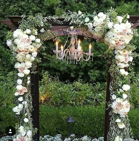 outdoor wedding Wedding Arch With Chandelier, Arch With Chandelier, Garden Wedding Ceremony Decorations, Wedding Arch Rustic, Garden Wedding Reception, Wedding Chandelier, Garden Weddings Ceremony, Hydrangea Garden, Wedding Arch Flowers