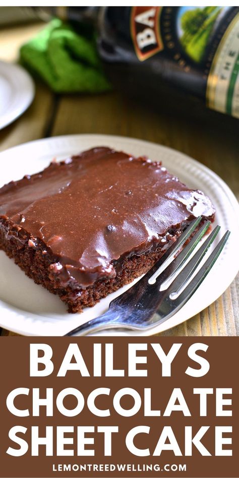 This Baileys Chocolate Sheet Cake is a deliciously decadent chocolate cake. It's moist, rich cake is packed with delicious Baileys flavor. Baileys Cake Recipe, Baileys Chocolate Cake, Baileys Irish Cream Cake Recipe, Baileys Chocolate Sheet Cake, Alcohol Deserts, Baileys Chocolate Poke Cake, Baileys Flavor, Irish Cream Cake Baileys, Brownies With Baileys Irish Cream