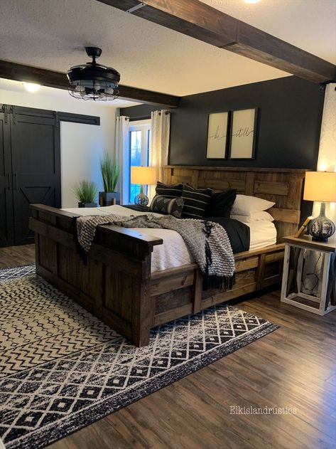 Modern Wood Bedroom Ideas, Driftwood Bedroom Ideas, Black Bedroom Wood Furniture, Black Wall In Master, Hanging Blankets In Closet, Bedroom Decor Dark Bed Frame, Black Master Bedrooms Ideas, Black Wall Rustic Bedroom, Black Rustic Bedroom Ideas