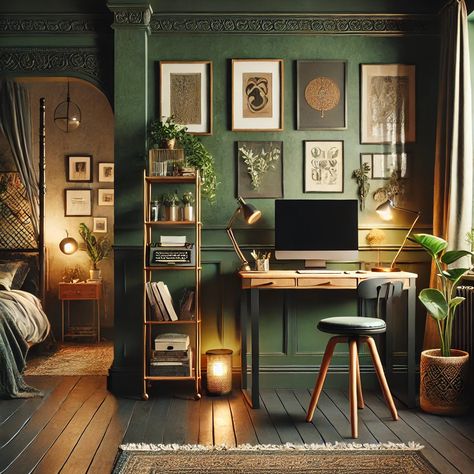 Office Aesthetic Green, Green And Gold Hallway, Dark Green Gaming Room, Dark Green Home Office Ideas, Enchanted Forest Office, Green Writing Aesthetic, Green Study Room, Green Office Ideas, Green Study