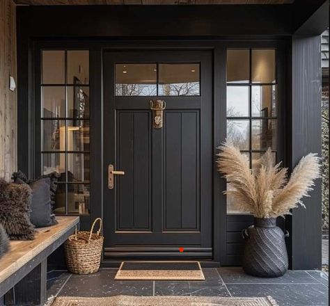 Black Pillars On Front Porch, Farmhouse Black Front Door, Black Entry Door Interior, Modern Double Front Doors, Front Doors Black, Black Front Door Ideas, Black Entry Door, Brown Front Door, Classic Front Door