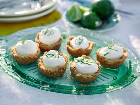 Key Lime Pie Tartlets - Recipe from Food Network: Delicious Miss Brown | Ladies Who Lunch: S4, Ep6 | Desert Bites, Key Lime Tartlets, Pie Tartlets, Lime Tartlets, Dessert Tarts, Mini Desert, Kardea Brown, Citrus Desserts, Craving Sweets