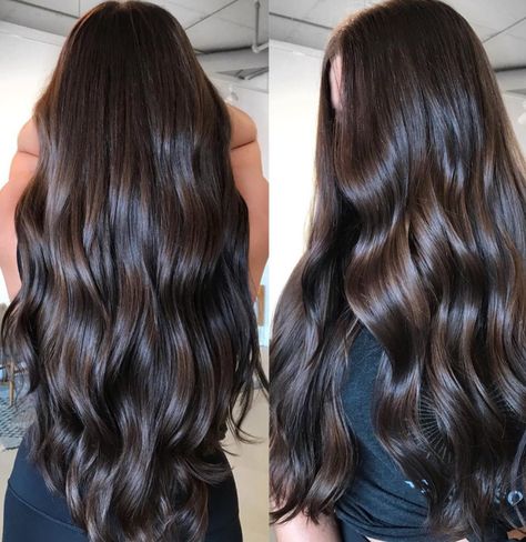 All Over Color Brunette, Blond To Brunette, Dark Brunette Hair, Brown Hair Inspo, Dark Brunette, Black Hair With Highlights, Dirty 30, Brunette Color, Long Hair With Bangs