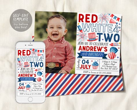 4th of July 2nd Birthday Invitation With Photo Editable Template, Red White and Two Second Birthday Patriotic Party BBQ Invite Evite Red White And Two, Bbq Invite, Birthday Invitation With Photo, Invitation With Photo, Bbq Invitation, 2nd Birthday Invitations, Kids Birthday Party Invitations, Patriotic Party, Second Birthday