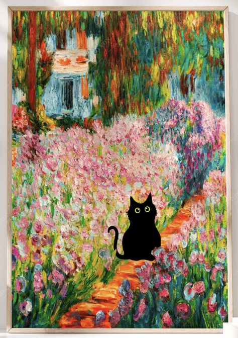 Cat In Garden Painting, Black Cat Art, Cute Little Drawings, Dreamy Art, Mini Canvas Art, Arte Animal, Cat Illustration, Cat Painting, Diy Canvas Art