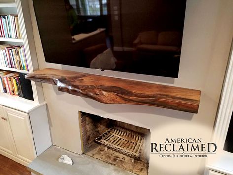 Live Edge Mantel Ideas, Live Edge Fireplace Mantel, Barnwood Accent Wall, Unique Dining Room Table, Show Rooms, Wood Mantle Fireplace, Hand Hewn Beams, Unique Dining Room, Wood Mantle