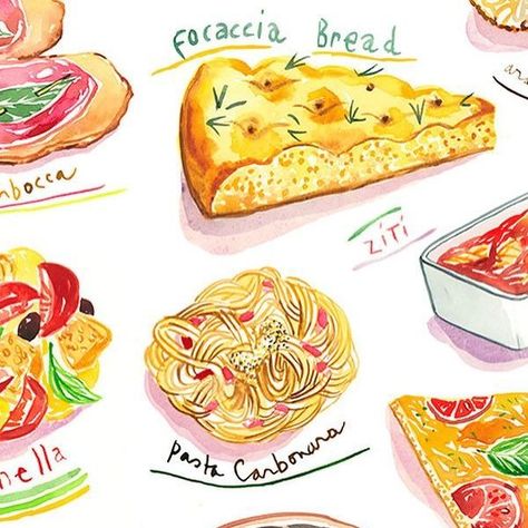 Lucile Prache on Instagram: "Trip to Italy 🇮🇹 #watercolorfoodillustration #italiancuisine #italianfood #foodpainting #foodchart #italianmeal #italiandish #pastaillustration #panzanella #lasagna #focaccia #bruschetta #pastacarbonara #ribollita #torroni #saltimboca #focacciabread #ziti #pastaconpomodoro #pizzaillustration #margheritapizza" Food Illustration Poster, Colorful Kitchen Decor, Food Types, Food Chart, Italy Wall Art, Italy Food, Food Charts, Paint Inspiration, Food Poster Design