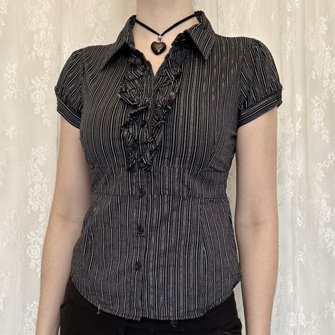 Y2K 2000s Office Siren Pinstripe Grey Blouse

The... - Depop Office Grunge, Goth Blouse, 2000s Office, Office Goth, Office Siren, Grey Blouse, Corporate Office, Goth Outfits, Y2k 2000s