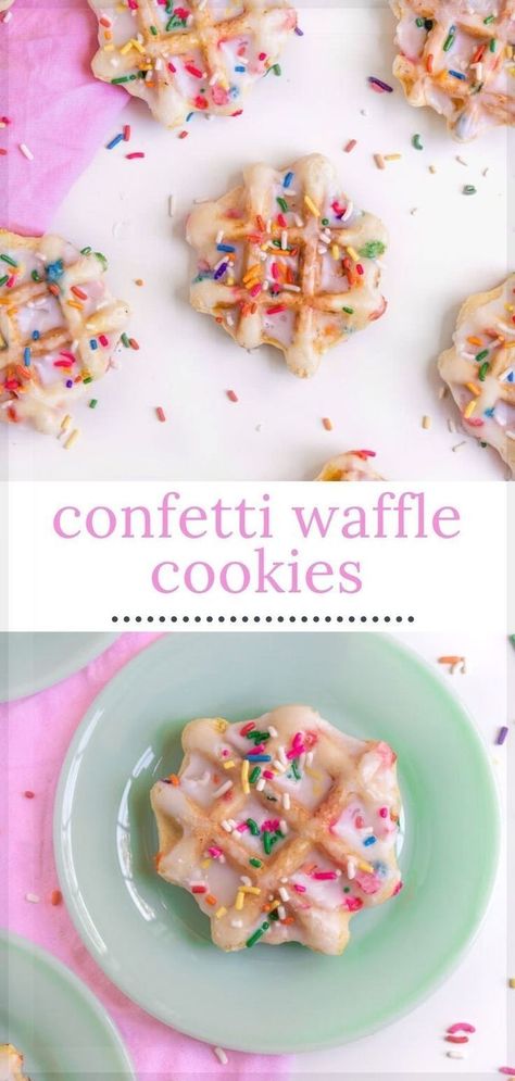 These confetti waffle cookies might look like they are just mini waffles? But, no. A regular waffle recipe is meant to be light and airy. This recipe creates a denser final product that is more in line with a thick sugar cookie than a waffle. But the waffle maker acts as a super fast oven – baking your cookies in no time and it gives these cookies those awesome waffle ridges that trap all that delicious icing. Waffle Cookies Recipe, Birthday Cake Waffles, Waffle Mix Recipes, Mini Waffle Recipe, Cake Waffles, Mini Waffles, Chocolate Chip Waffles, Confetti Cookies, Mini Waffle Maker