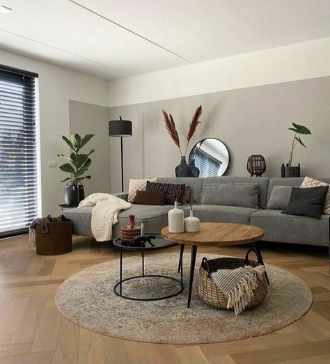 Grey Black Walnut Living Room, Couch With Ottoman Layout, Grey Chenille Sofa Living Room, Grey Couch Grey Floor, Dark Grey And Beige Living Room, Living Room With Dark Grey Sofa, Grey Couch Apartment, Dark Beige Living Room, Living Room Dark Grey Couch