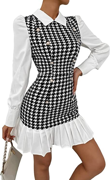 Autumn Fits, Houndstooth Dress, Knitted Bodycon Dress, Extra Long Sleeves, Stylish Work Outfits, Quality Dresses, Polka Dress, Long Puff Sleeves, Women Long Dresses