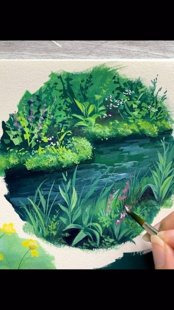 Large Gouache Painting, Fantasy Gouache Painting, Gouache Foliage, Gouache Illustrations Landscape, Gouache Plants, Gouache Art Simple, Ruth Wilshaw, Guache Art, Gauche Painting