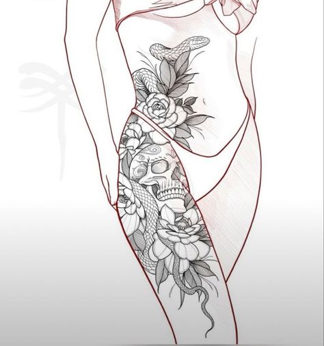 Classy Hip Tattoos, Plus Size Side Tattoo, Back Tattoo Connected To Thigh, Leg Tattoo Ideas Female Meaningful, Skull Spine Tattoos For Women, Tattoo Inspo Women Sleeve, Side And Thigh Tattoos Women, Dark Feminine Tattoos Leg Sleeve, Thigh Tatoos Woman