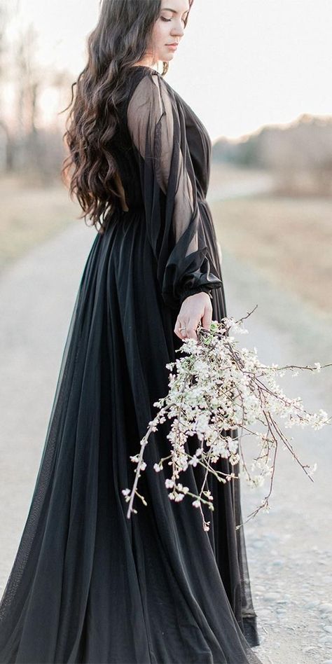 33 Beautiful Black Wedding Dresses That Will Strike Your Fancy ❤  black wedding dresses simple a line with long sleeves hannahtikkanen ❤ #weddingdresses Moody Black Wedding, Black Wedding Dress Gothic, Black Lace Wedding, Glam Wedding Dress, Black Wedding Gowns, Vintage Ball Gowns, Black Wedding Dress, Black Ball Gown, Wedding Dress Guide