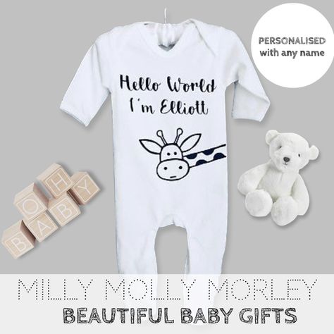 PERSONALISED baby clothing 'HELLO WORLD' giraffe Unisex babygrow xmas gift Babygrow Ideas, Personalized Baby Hat, Personalized Swaddle, Personalized Baby Clothes, Custom Baby Gifts, Handmade Baby Gifts, Baby Grow, Unique Baby Gifts, Personalized Baby Blankets