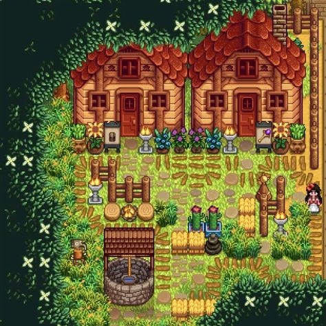 Stardew Valley Farm Layout Beehive, Stardew Forest Farm Ideas, Stardew Valley Fruit Bat Cave Design, Stardew Valley Starter Farm, Woodland Farm Stardew, Sdv Shed Layout, Stardew Farm Layout Forest, Stardew Valley Garden Design, Stardew Valley Forest Farm Design