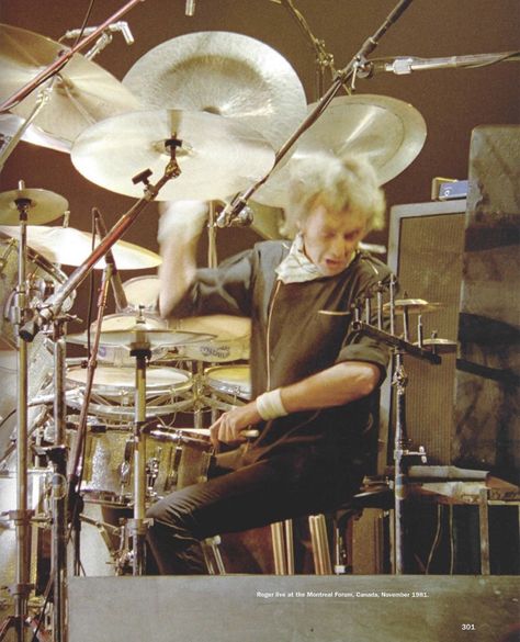 Roger, live in action at the Montreal forum, Canada, 1981 Rogers Drums, Queen Drummer, Queen Live, Roger Taylor Queen, Roger Taylor, Jimmy Page, Gods And Goddesses, Montreal, Drums